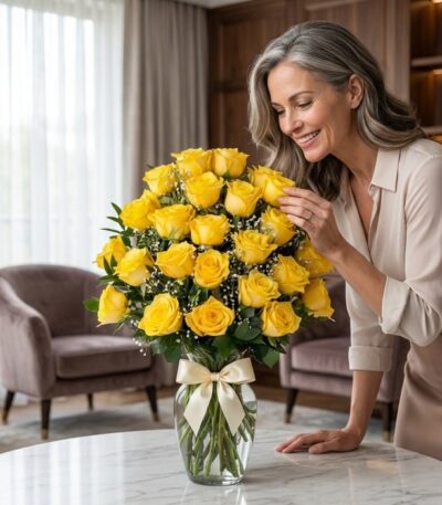 Mujer elegante de mediana edad admirando con deleite un jarrón grande con 24 rosas amarillas frescas y un moño crema, en un l
