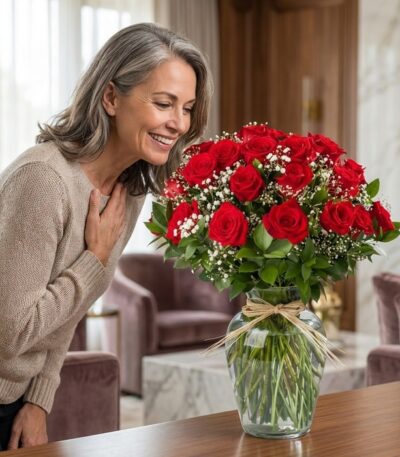 Mujer elegante de mediana edad admirando un jarrón de cristal con 24 rosas rojas frescas y follaje verde, atado con un lazo d
