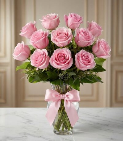 Jarron Allegria con doce rosas rosadas vibrantes y abiertas, adornado con un elegante moño rosa, sobre una superficie de márm