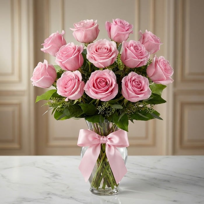 Jarron Allegria con doce rosas rosadas vibrantes y abiertas, adornado con un elegante moño rosa, sobre una superficie de márm