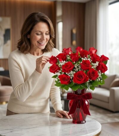 Mujer sonriente admirando un Jarrón Amor Incondicional con rosas rojas frescas y follaje verde, en un elegante hogar de alto