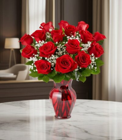 Jarrón Amor Incondicional con un hermoso arreglo de rosas rojas frescas y follaje verde, sobre una mesa de mármol en un elega
