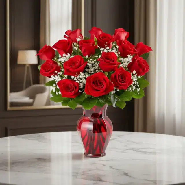 Jarrón Amor Incondicional con un hermoso arreglo de rosas rojas frescas y follaje verde, sobre una mesa de mármol en un elega