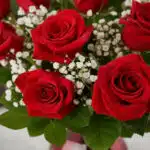 Primer plano extremo de un arreglo floral 'Jarrón Amor Incondicional' con rosas rojas vibrantes, hojas verdes y pequeñas flor