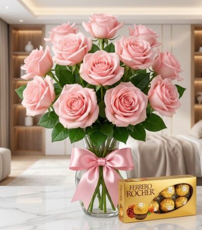 Jarrón Decídete con once rosas rosadas frescas y un lazo rosa elegante, acompañado de una caja de chocolates Ferrero Rocher,