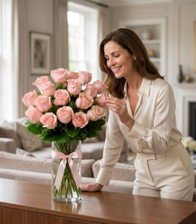 Mujer elegante sonriendo y admirando un jarrón de cristal con un gran ramo de rosas rosadas frescas, atado con un lazo rosa,