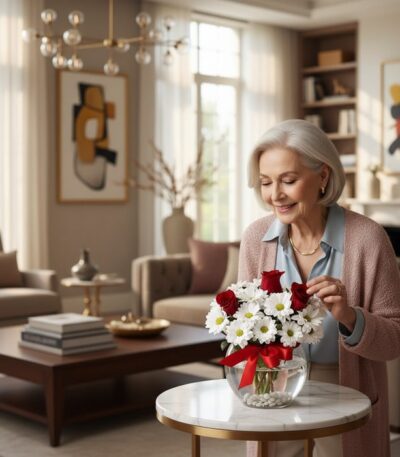 Mujer elegante de cabello plateado admira un Jarron Floral Antonietta con rosas rojas y margaritas blancas en un lujoso salón