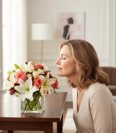 Mujer elegante oliendo un Jarron Floral Fabrizia con rosas rosadas, lirios blancos y claveles en un hogar de lujo.