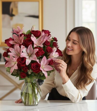 Mujer elegante admirando el Jarron Floral Nabila, un ramo majestuoso de 24 rosas rojas y lirios rosados en un jarrón de crist