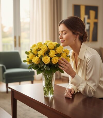 Mujer elegante admirando y oliendo un jarron floral PANDORA con 36 rosas amarillas de lujo en un hogar de alto diseño.