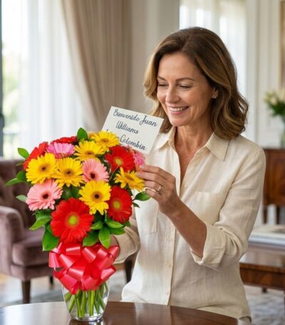 Mujer elegante de mediana edad sonriendo mientras lee una tarjeta junto a un vibrante jarrón de gerberas multicolores en un l