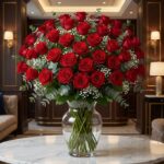 Impresionante jarrón GINEVRA con 80 rosas rojas frescas y abiertas, rodeadas de follaje verde y pequeñas flores blancas, sobr