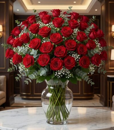 Impresionante jarrón GINEVRA con 80 rosas rojas frescas y abiertas, rodeadas de follaje verde y pequeñas flores blancas, sobr