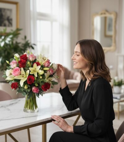 Mujer elegante admirando el Jarron Floral GIORGIA con rosas rojas, rosadas y lirios blancos en un lujoso interior de hogar co