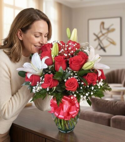 Mujer sonriendo y oliendo un hermoso arreglo floral de rosas rojas y lirios blancos en un jarrón de cristal con un moño rosa,