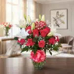 Jarrón Otoño con un elegante arreglo floral de rosas rojas vibrantes, lirios blancos puros y follaje verde, sobre una mesa de