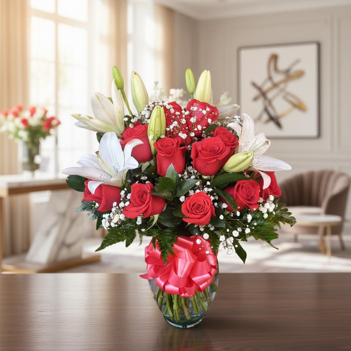 Jarrón Otoño con un elegante arreglo floral de rosas rojas vibrantes, lirios blancos puros y follaje verde, sobre una mesa de