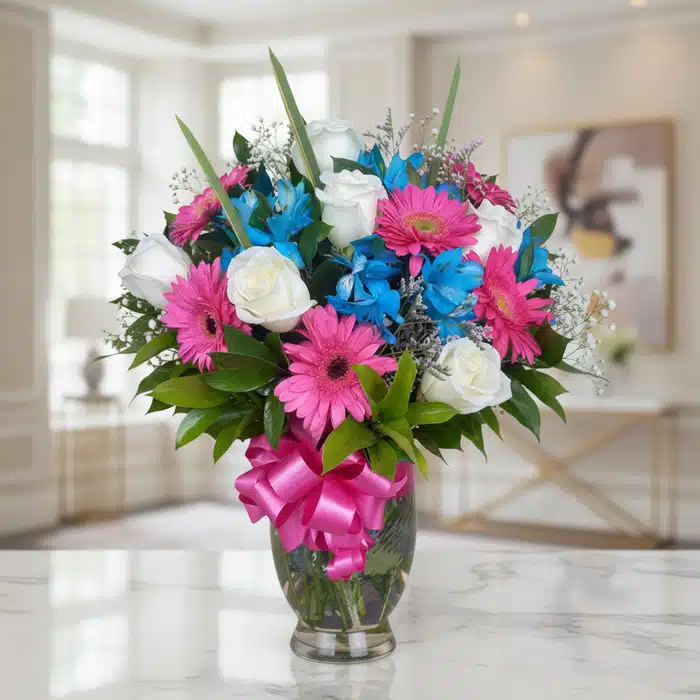 Jarrón Primavera: Arreglo Floral Vibrante para Decoración Elegante Jarrón Primavera con un arreglo floral vibrante de rosas blancas, gerberas fucsia y alstroemerias azules, sobre una superfici