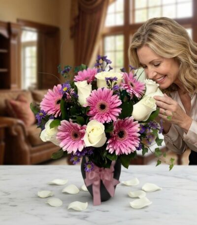 Mujer sonriente de mediana edad, vestida elegantemente, inclinándose para oler un vibrante arreglo floral de rosas blancas y