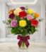 Jarron de Rosas CRISTINA con 12 rosas de diferentes colores vibrantes, como rojo, amarillo, rosa, morado y naranja, con folla