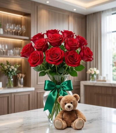 Jarrón Te Adoro con doce rosas rojas frescas y abiertas, lazo verde esmeralda, y un oso de peluche marrón sentado en una mesa