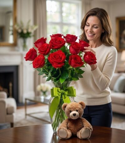 Mujer sonriente admira un jarrón de rosas rojas frescas con un lazo verde y un osito de peluche, en un lujoso salón.