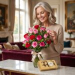 Mujer elegante admirando el Jarrón Te Extraño, un arreglo floral de rosas rojas y rosadas, acompañado de chocolates Ferrero R