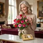 Mujer elegante admirando el Jarrón Te Extraño, un arreglo floral de rosas rojas y rosadas, acompañado de chocolates Ferrero R