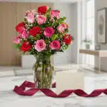 Jarrón Te Extraño con un ramo de rosas rojas y rosadas, follaje verde y flores de aliento de bebé, sobre una mesa de mármol c