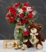 Jarrón Todo Para Ti con rosas rojas, lirios blancos, fresas, cerezas, osito de peluche con rosa y caja de bombones Ferrero Ro