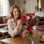 Mujer sonriente admira el Jarrón Todo Para Ti, un arreglo floral con rosas rojas, lirios blancos, fresas y cerezas, en un luj