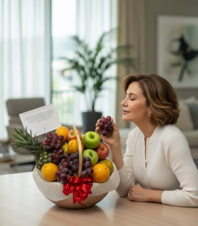 Mujer elegante de mediana edad, vestida de blanco, admira y huele uvas de una canasta de frutas premium en un hogar de alto d