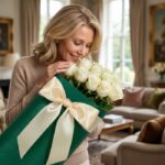 Mujer rubia de mediana edad, elegante y sonriente, oliendo un hermoso ramo de rosas blancas envuelto en papel verde con un la