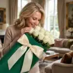 Mujer rubia de mediana edad, elegante y sonriente, oliendo un hermoso ramo de rosas blancas envuelto en papel verde con un la