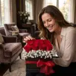 Mujer elegante y sonriente admira de cerca un Arreglo Floral Pétalos, una caja cuadrada negra con rosas rojas y gypsophila, a