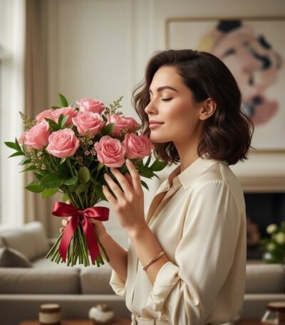Mujer elegante con cabello oscuro y blusa color crema, sonriendo y oliendo un hermoso bouquet de 18 rosas rosadas atadas con