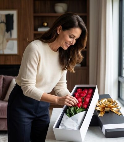 Mujer elegante de mediana edad con suéter crema y pantalones oscuros, sonriendo mientras admira una caja blanca con doce rosa