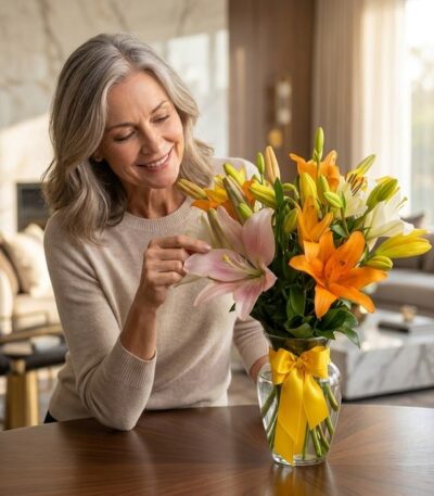 Mujer de mediana edad, elegante y de cabello gris, sonríe mientras toca delicadamente un lirio rosa en un jarrón de cristal c