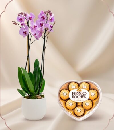 Arreglo floral premium Orquídea GALA con flores moradas y chocolates Ferrero Rocher en caja de corazón, ideal para regalo.