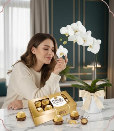 Mujer joven y elegante admirando una orquídea Phalaenopsis blanca con chocolates Ferrero Rocher en un ambiente de hogar lujos