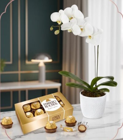 Arreglo MARELY con orquídea Phalaenopsis blanca en maceta texturizada y caja de chocolates Ferrero Rocher, ideal para regalar