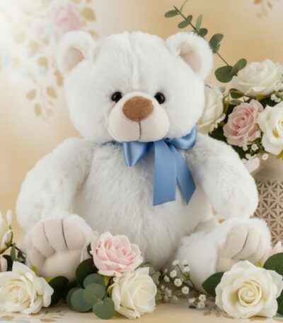 Oso de felpa blanco con lazo azul, rodeado de rosas blancas y rosadas, eucalipto y gypsophila, sobre un fondo elegante y difu