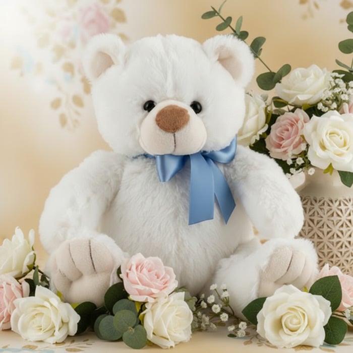 Oso de felpa blanco con lazo azul, rodeado de rosas blancas y rosadas, eucalipto y gypsophila, sobre un fondo elegante y difu