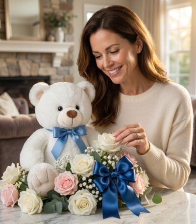 Mujer sonriente admirando un arreglo floral con un oso de felpa blanco y rosas blancas y rosadas, con lazo azul, en un hogar