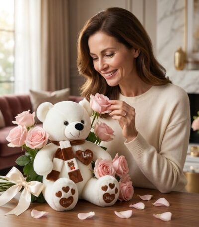 Mujer elegante sonriendo y oliendo una rosa rosada, junto a un oso de felpa blanco con un ramo de rosas rosadas en un ambient