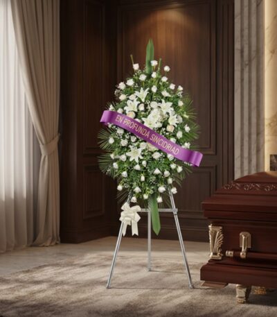 Pedestal conmemorativo Legado de Marcos con rosas blancas y lirios, cinta morada 'En Profunda Sinceridad', junto a un ataúd e