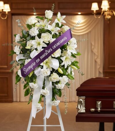 Pedestal conmemorativo de flores blancas, lirios y rosas, con cinta morada que dice 'Siempre en nuestros corazones', junto a