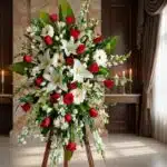 Pedestal fúnebre Adoración con rosas rojas, lirios blancos y margaritas, en sala de velación premium con luz natural suave.