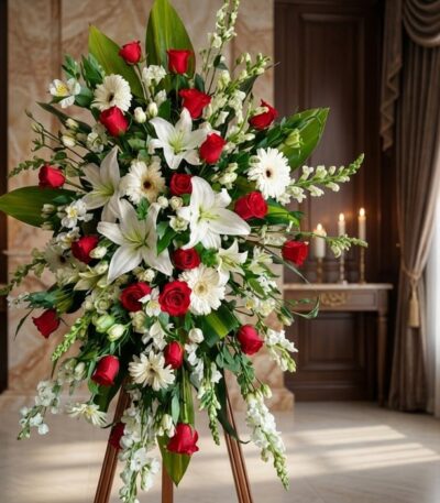 Pedestal fúnebre Adoración con rosas rojas, lirios blancos y margaritas, en sala de velación premium con luz natural suave.