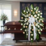 Pedestal fúnebre Descansa Ahora con rosas blancas y durazno, lirios y follaje verde, en una sala de velación moderna con ataú